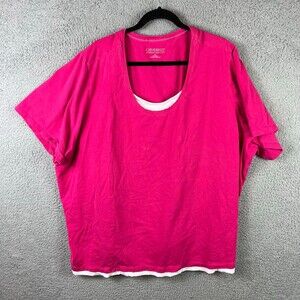 Catherines Blouse Womens 5X  34/36W Plus Top Hot Pink White Scoop Neck Flowy